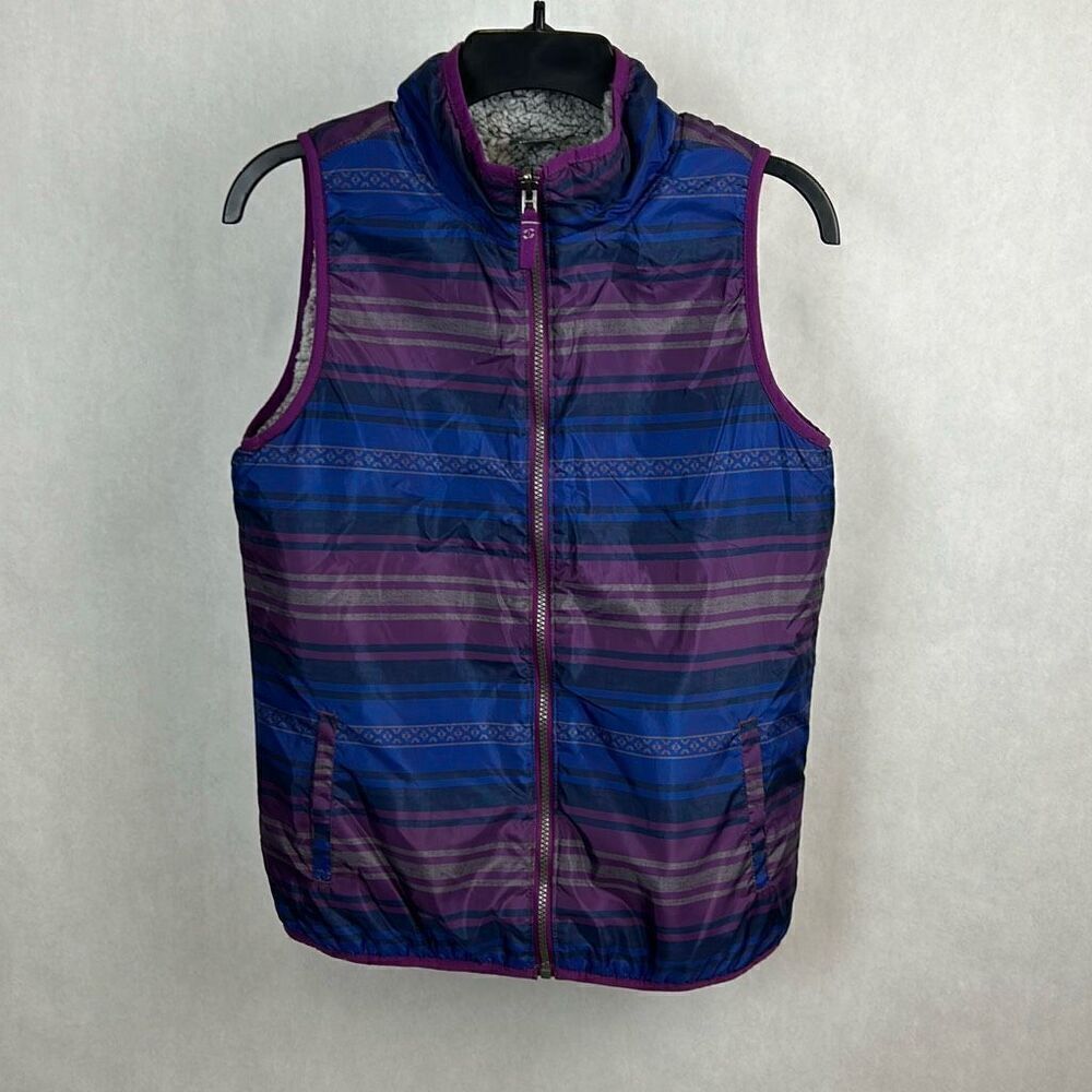 Cruel Girl Reversible Vest Youth Sz XXL 14-16 Purple Blue Stripe Gray Sherpa Fle